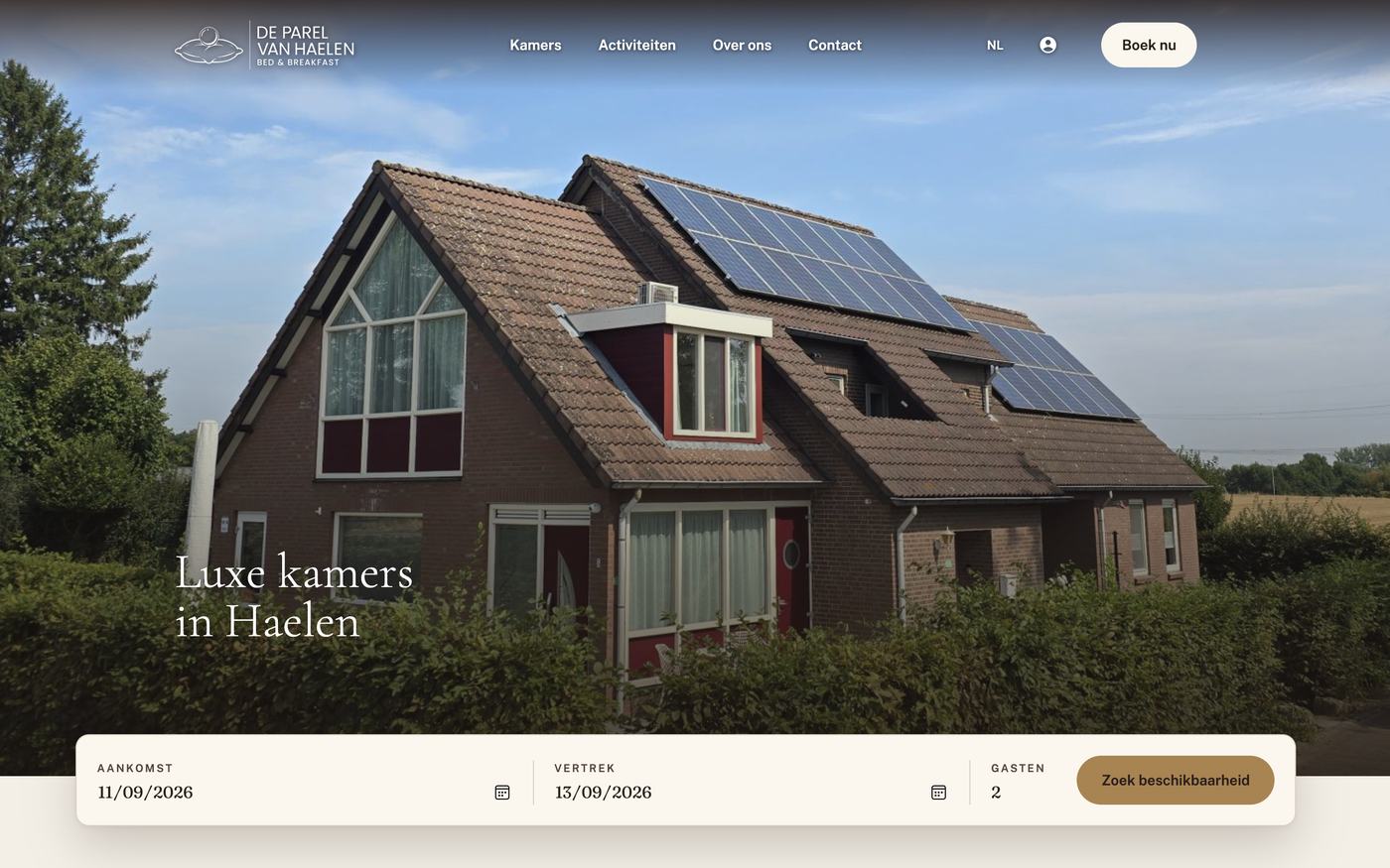 De Parel van Haelen: a bed and breakfast site with its own availability search.