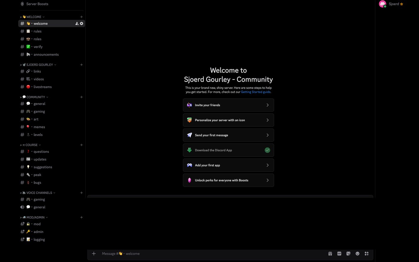 The community Discord: channels grouped into welcome, links and videos, general community, and a course section.